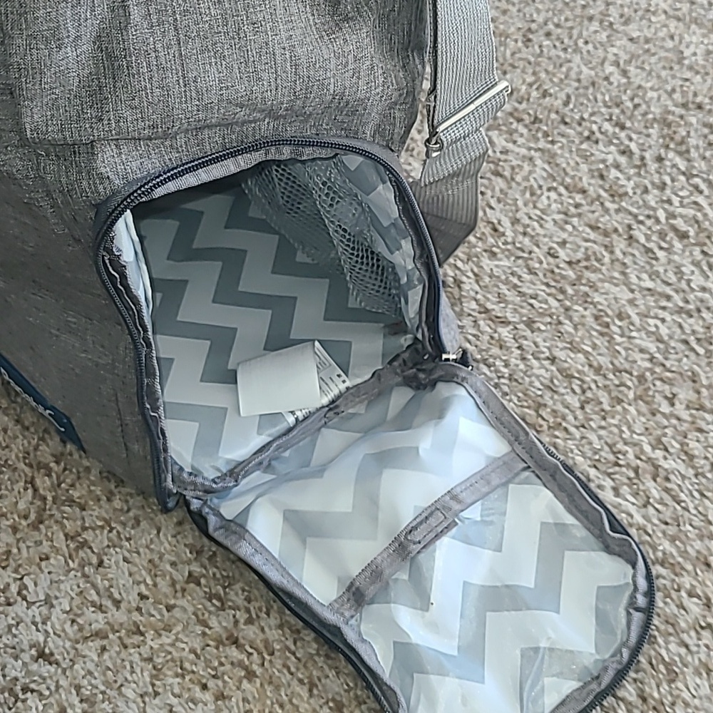 Multi Access Grey Baby Bag With Cheveron Interior
